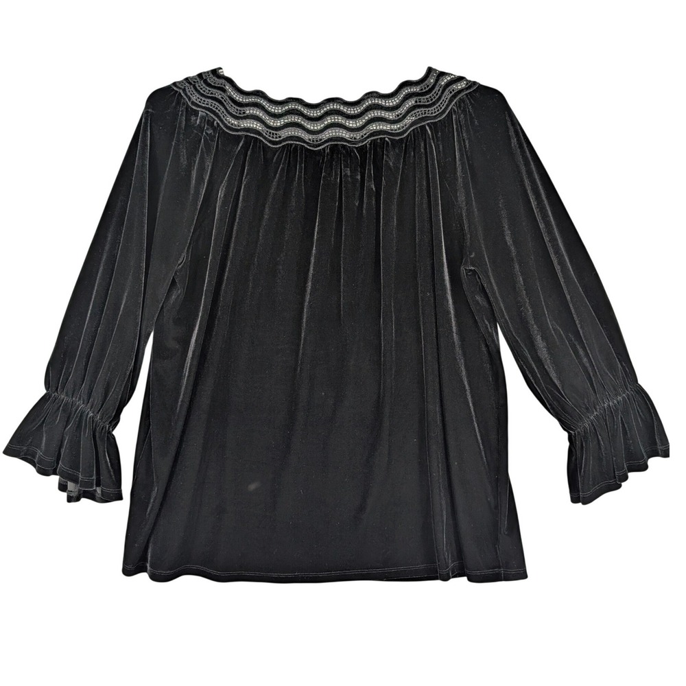 Rafaella Black Velvety Velour Lace Neckline Bell Sleeve Women's Swing Top Size L - Picture 2 of 7